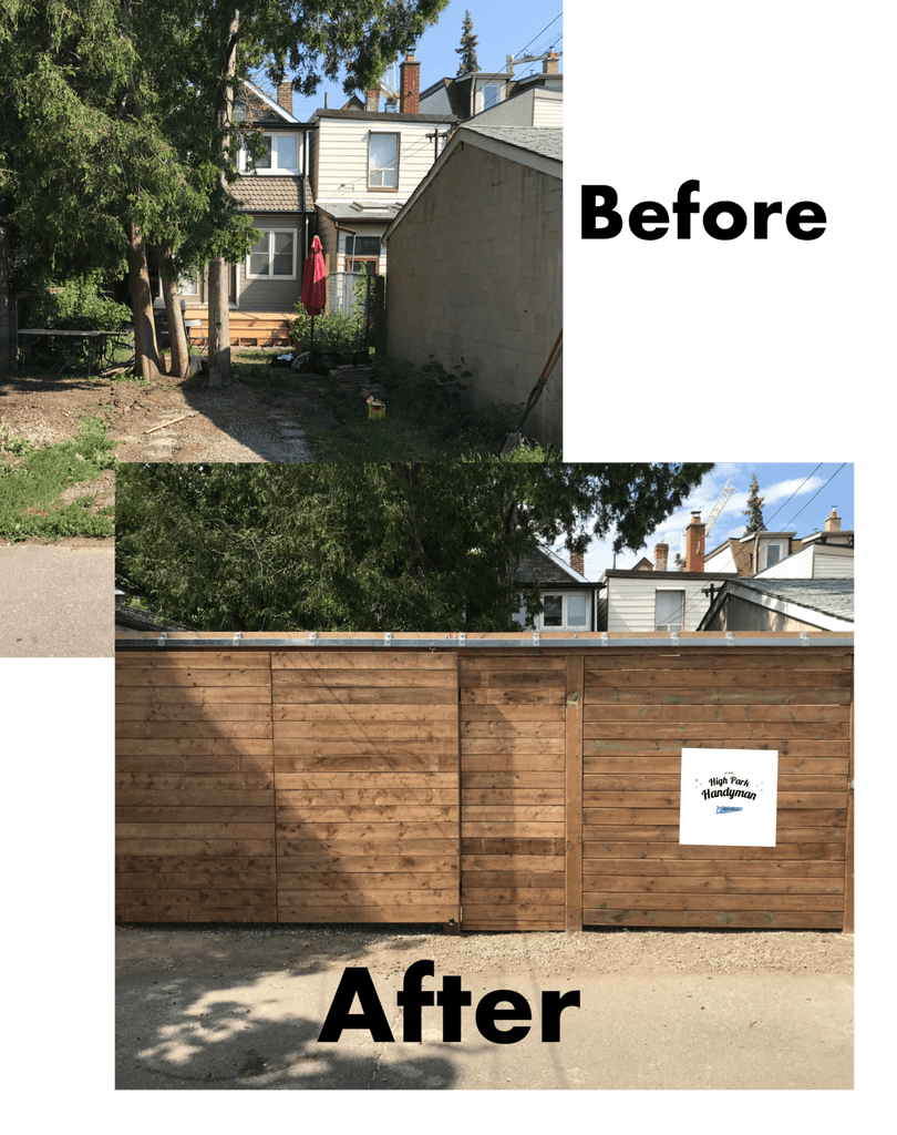 Before and after pic of fence with sliding barn door handyman dovercourt